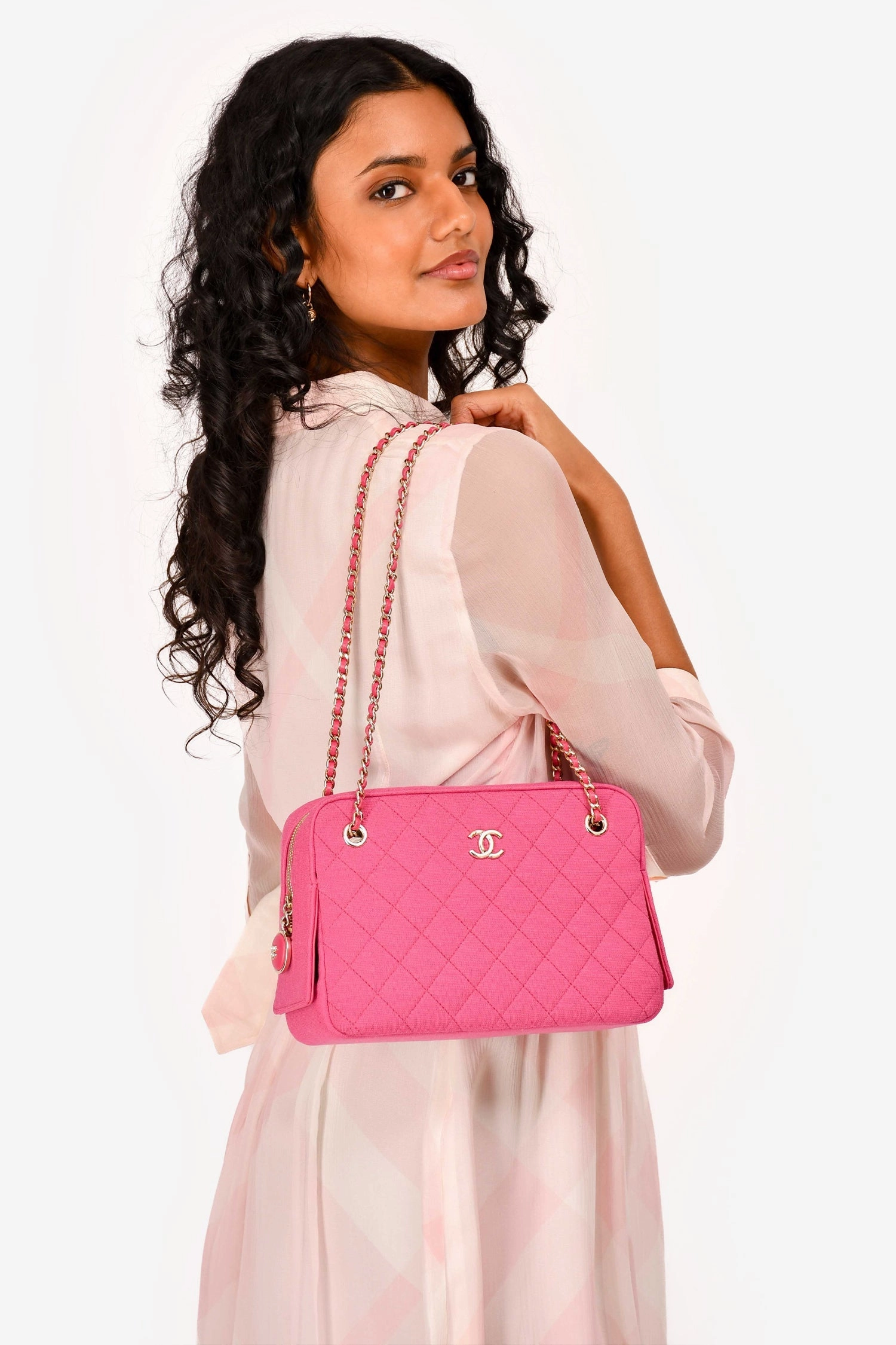 Pre-Loved Chanel 2019-20 Fuchsia Quilted Jersey Zip Double Chain Bag