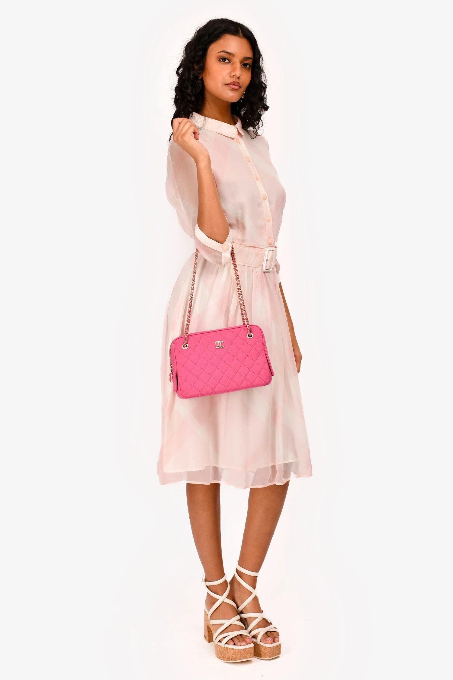 Pre-Loved Chanel 2019-20 Fuchsia Quilted Jersey Zip Double Chain Bag