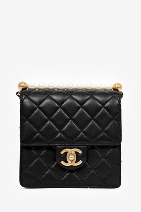 Pre-Loved Chanel 2019 Black Leather Chic Pearl Swaure Flap Bag