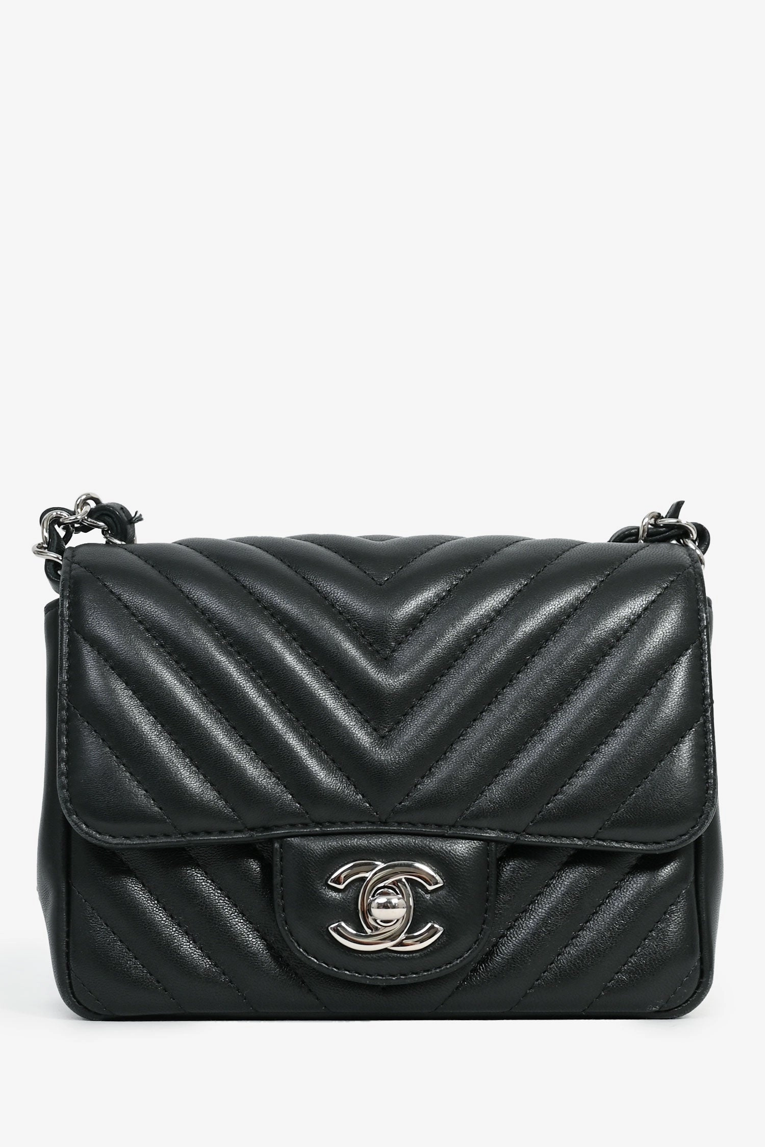Pre-Loved Chanel 2020 Black Leather Mini Square Classic Chevron Flap Crossbody Bag