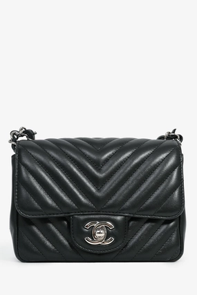 Pre-Loved Chanel 2020 Black Leather Mini Square Classic Chevron Flap Crossbody Bag