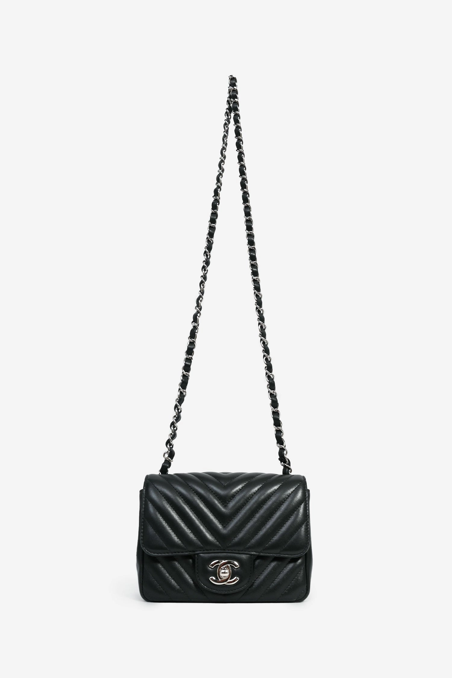 Pre-Loved Chanel 2020 Black Leather Mini Square Classic Chevron Flap Crossbody Bag