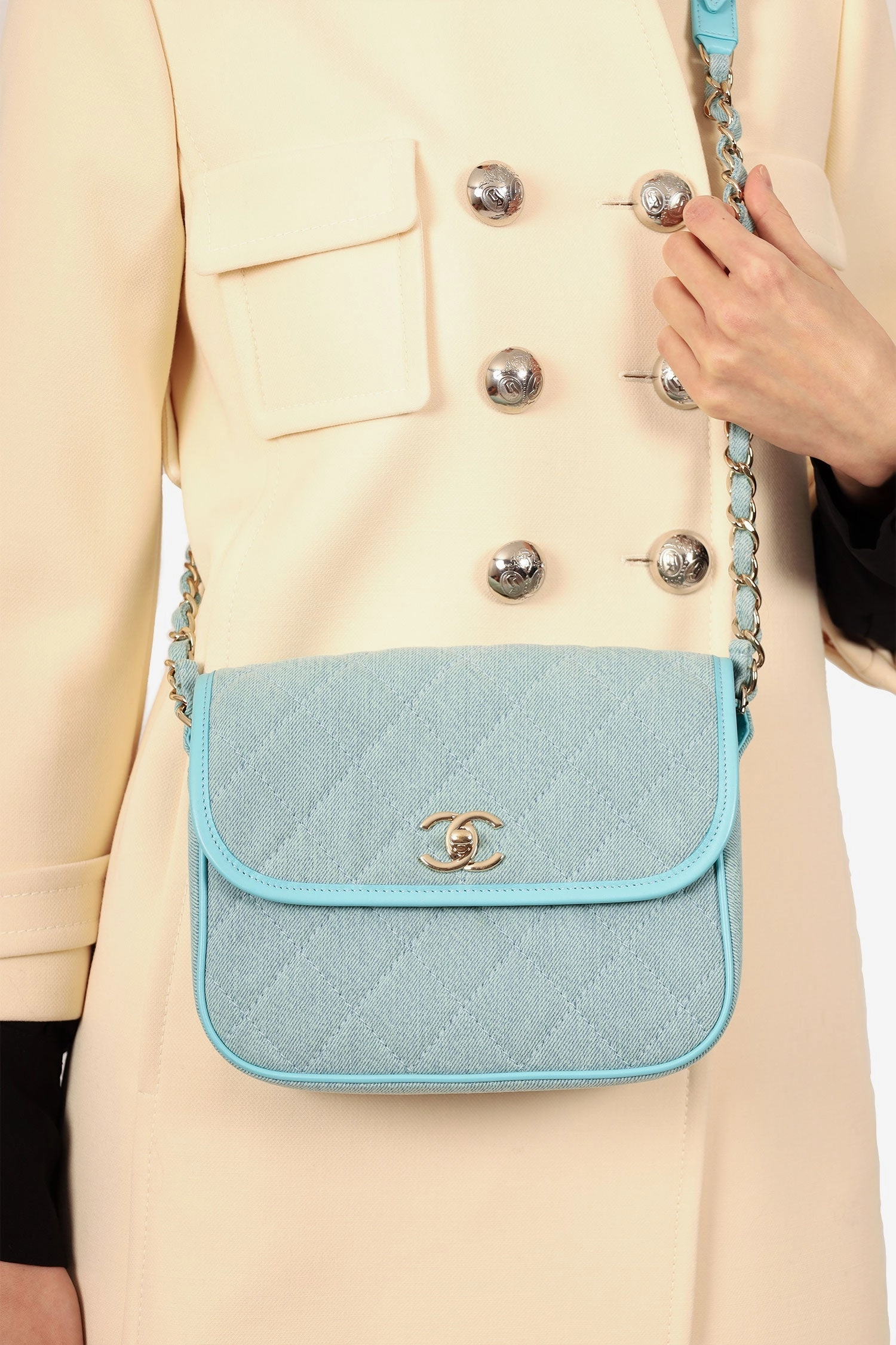 Pre-Loved Chanel 2021 Blue Denim Quilted CC Small Messenger Flap Bag