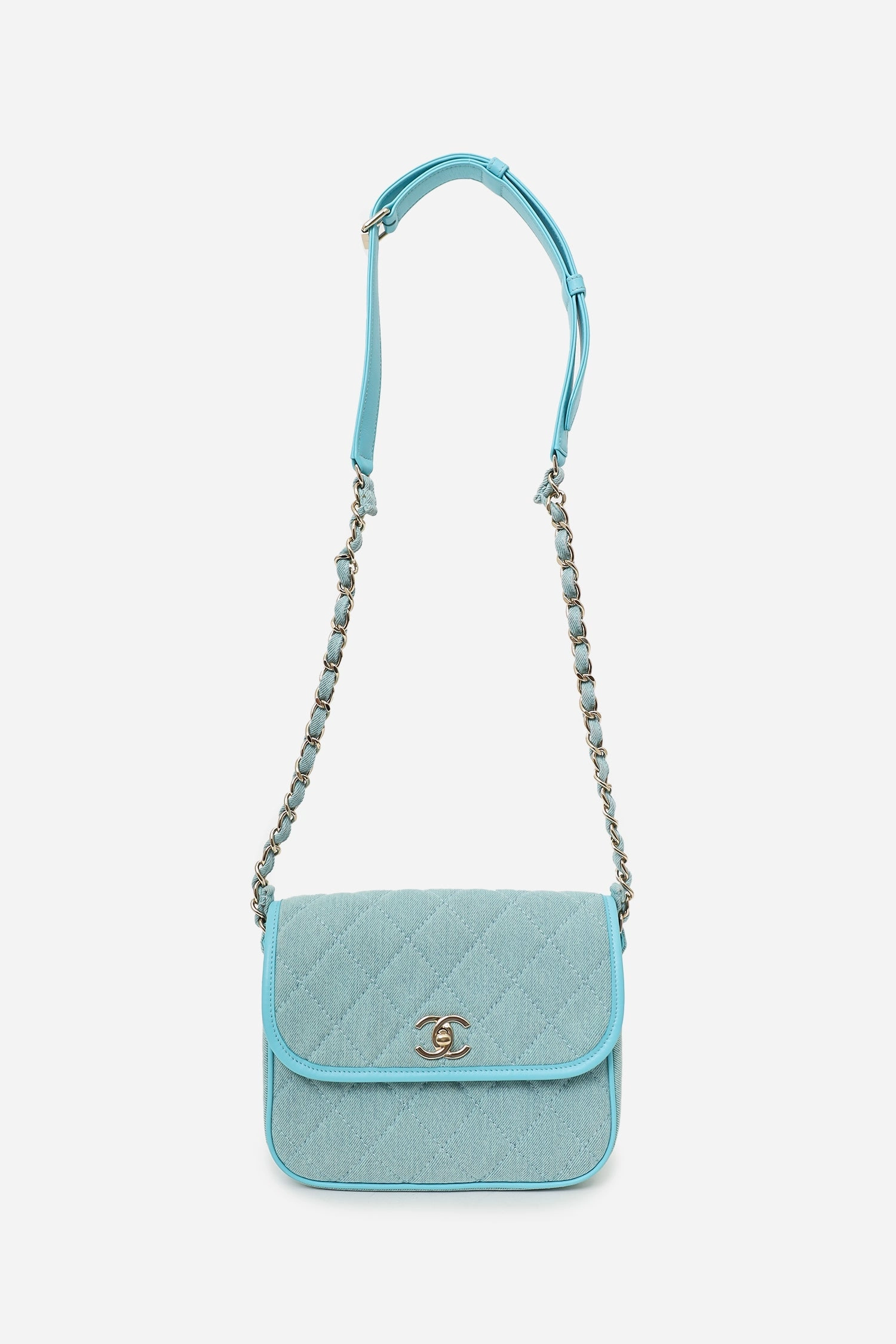 Pre-Loved Chanel 2021 Blue Denim Quilted CC Small Messenger Flap Bag