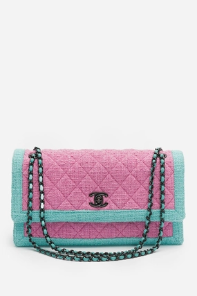 Pre-Loved Chanel Pink/Blue Tweed Flap Bag