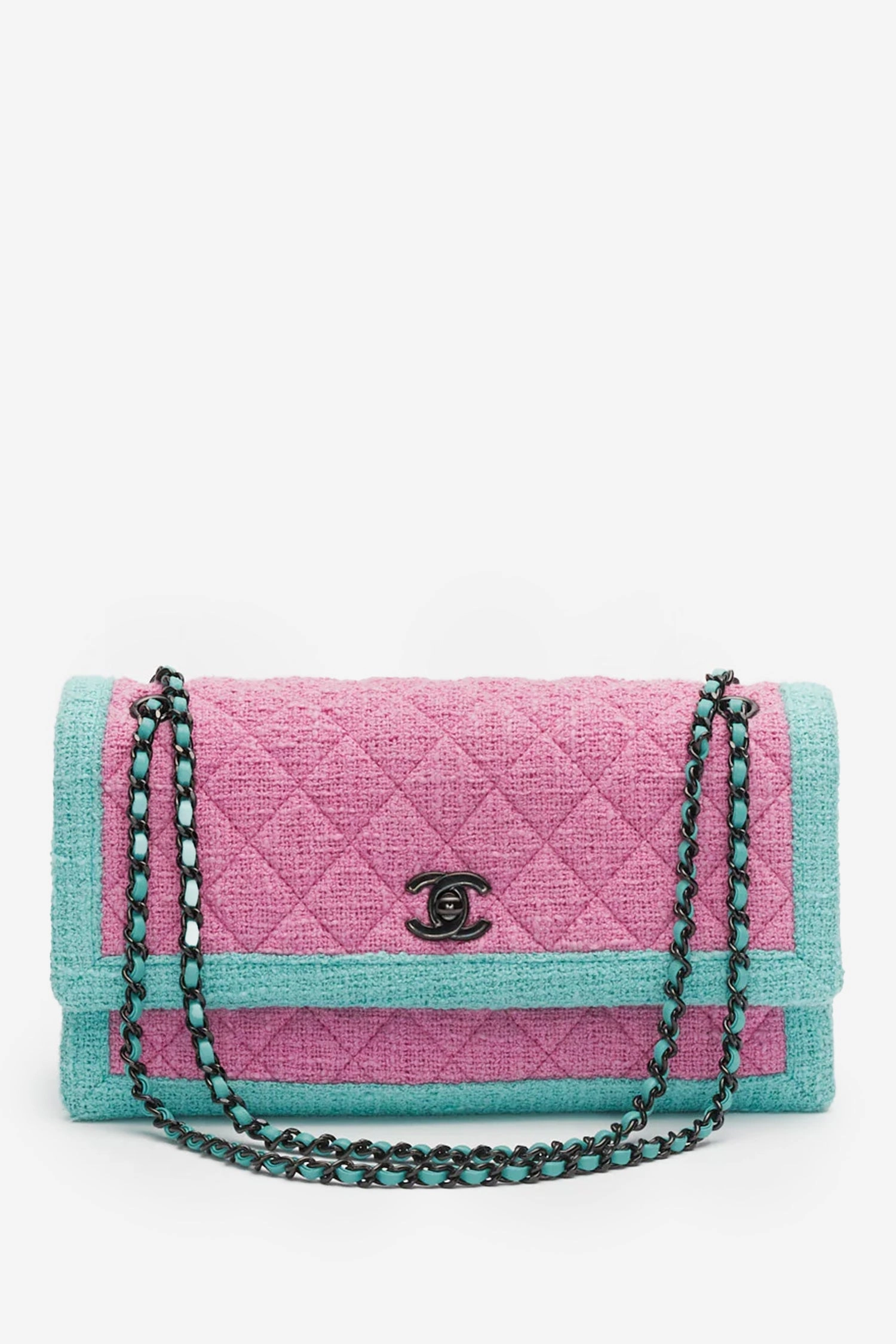 Pre-Loved Chanel Pink/Blue Tweed Flap Bag