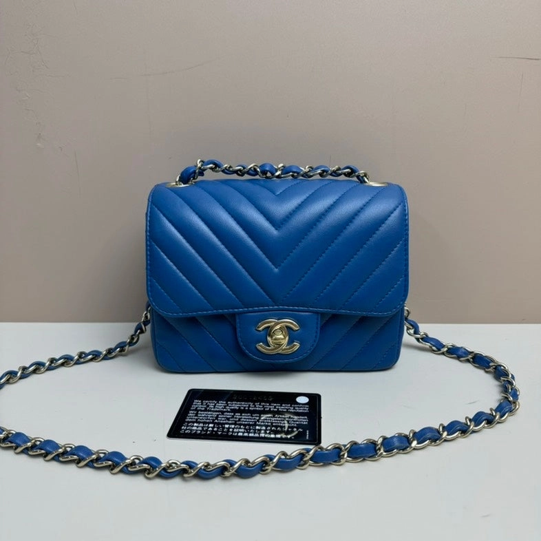 Preloved Chanel Lambskin Mini Flap Bag Blue Leather Crossbody