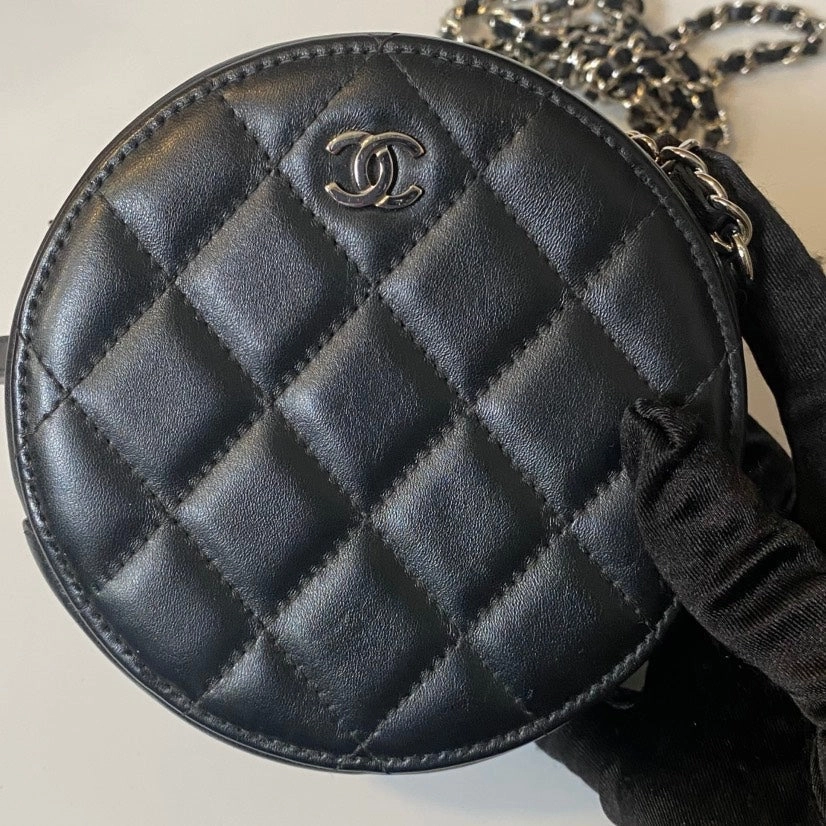 Preloved Chanel Round Cake Bag Black Leather Crossbody