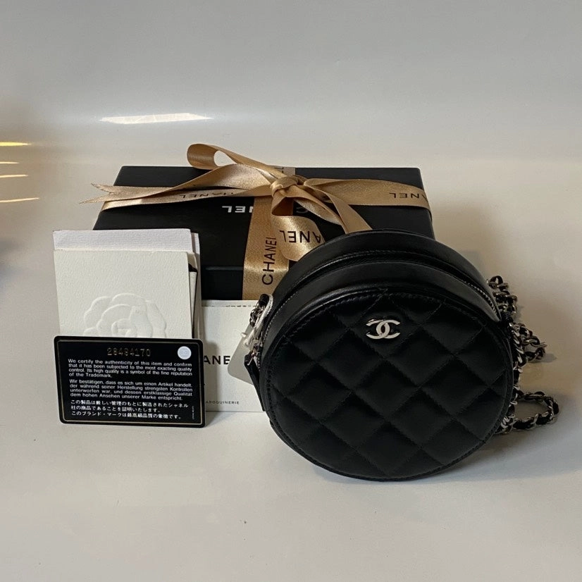 Preloved Chanel Round Cake Bag Black Leather Crossbody
