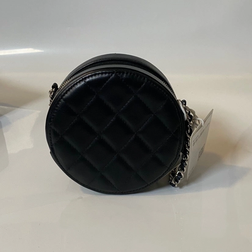Preloved Chanel Round Cake Bag Black Leather Crossbody