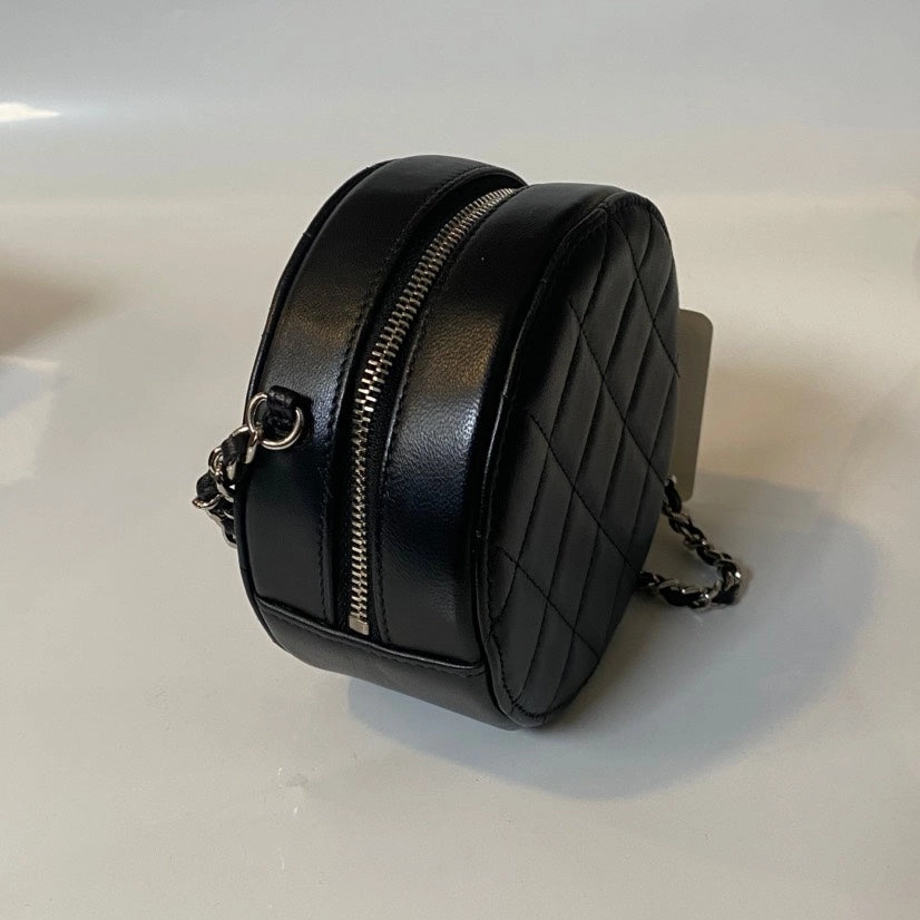Preloved Chanel Round Cake Bag Black Leather Crossbody