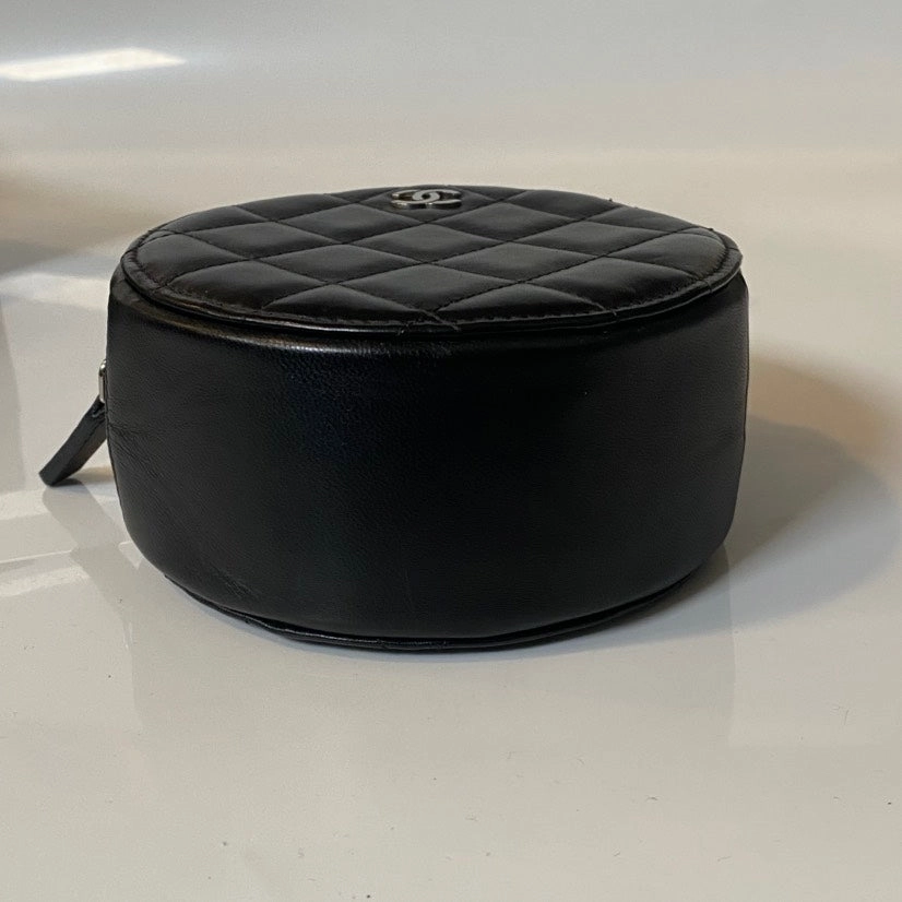 Preloved Chanel Round Cake Bag Black Leather Crossbody