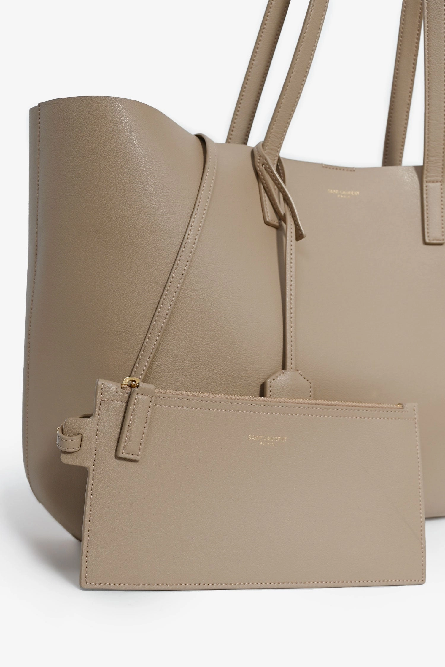 Saint Laurent Beige Leather Shopping E/W Tote with Pouch
