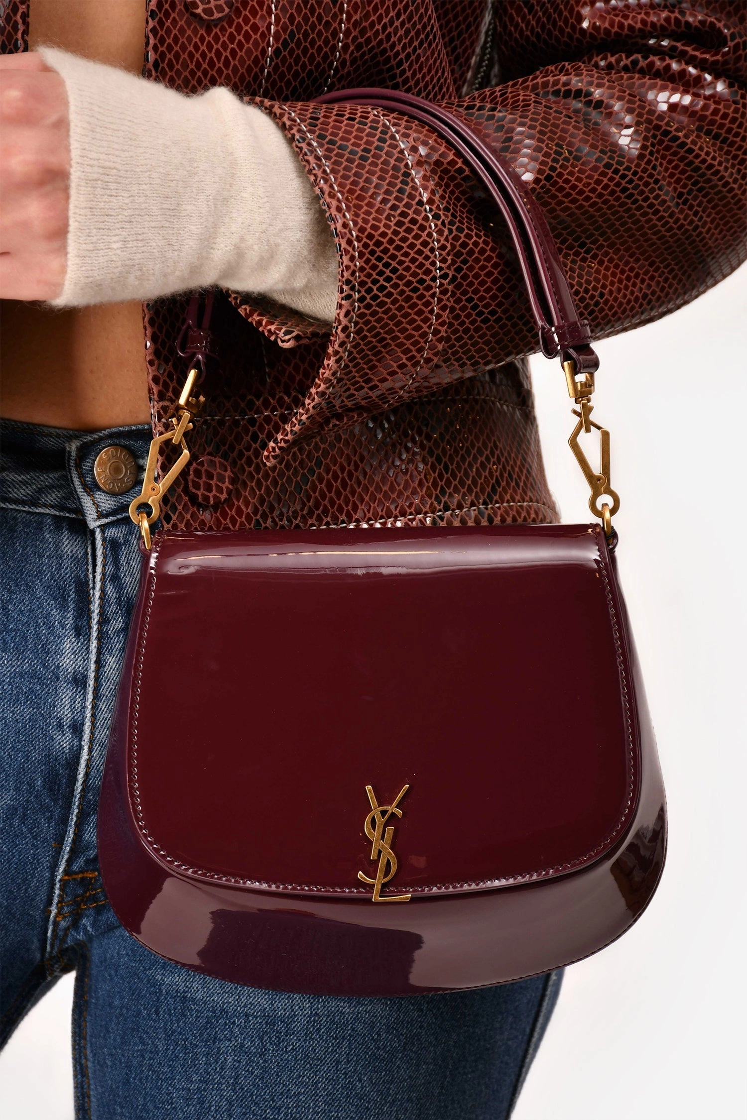 Saint Laurent Burgundy Patent Leather Voltaire Top Handle Bag
