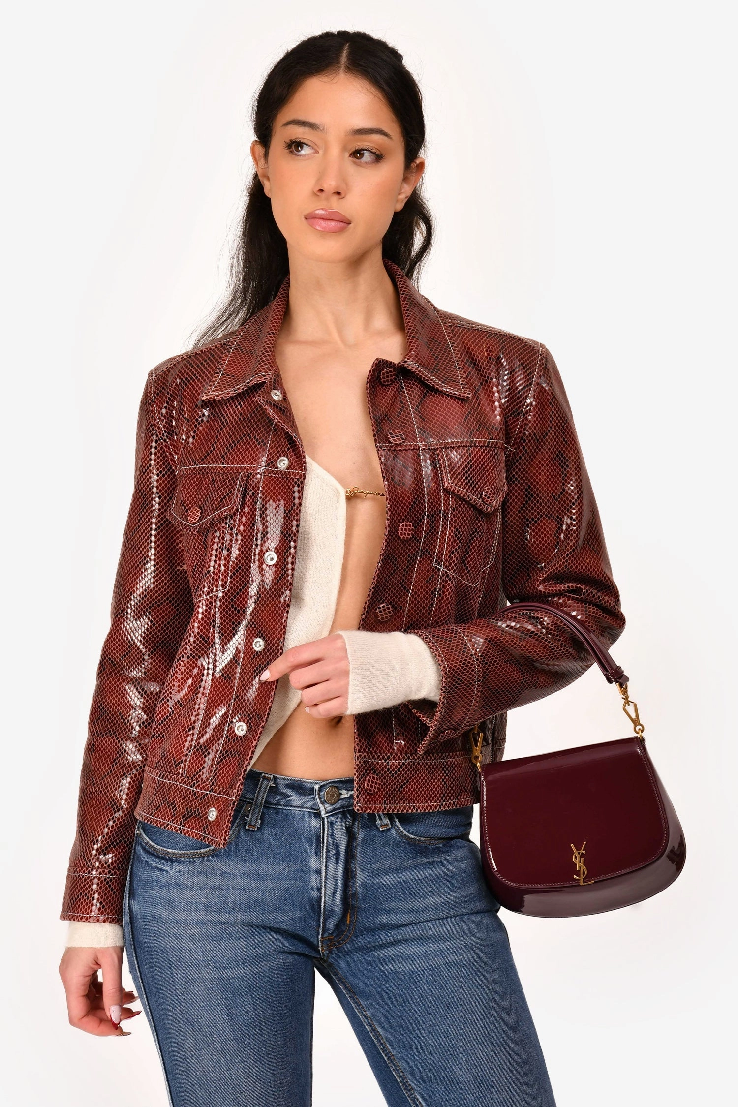 Saint Laurent Burgundy Patent Leather Voltaire Top Handle Bag