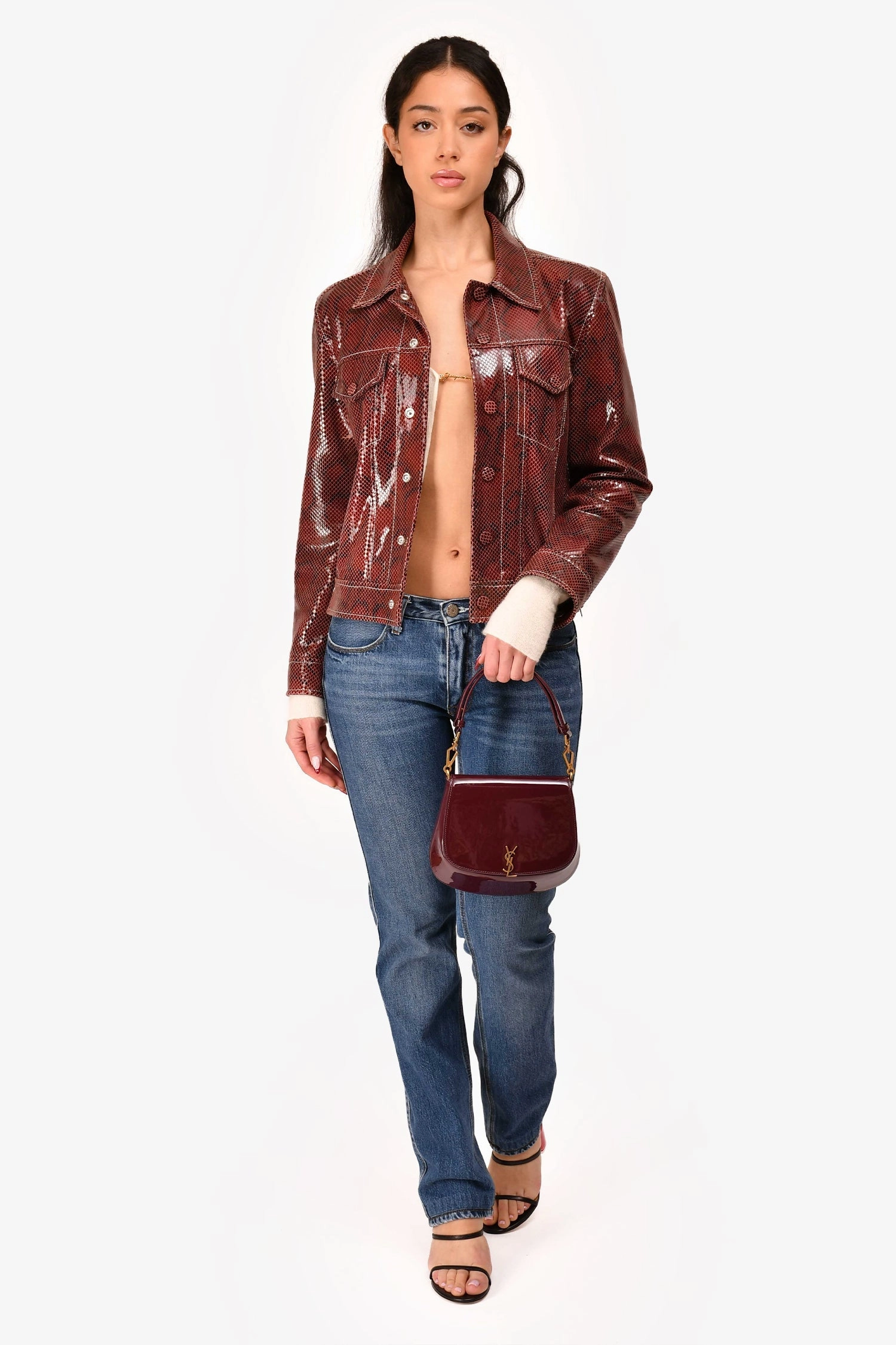 Saint Laurent Burgundy Patent Leather Voltaire Top Handle Bag