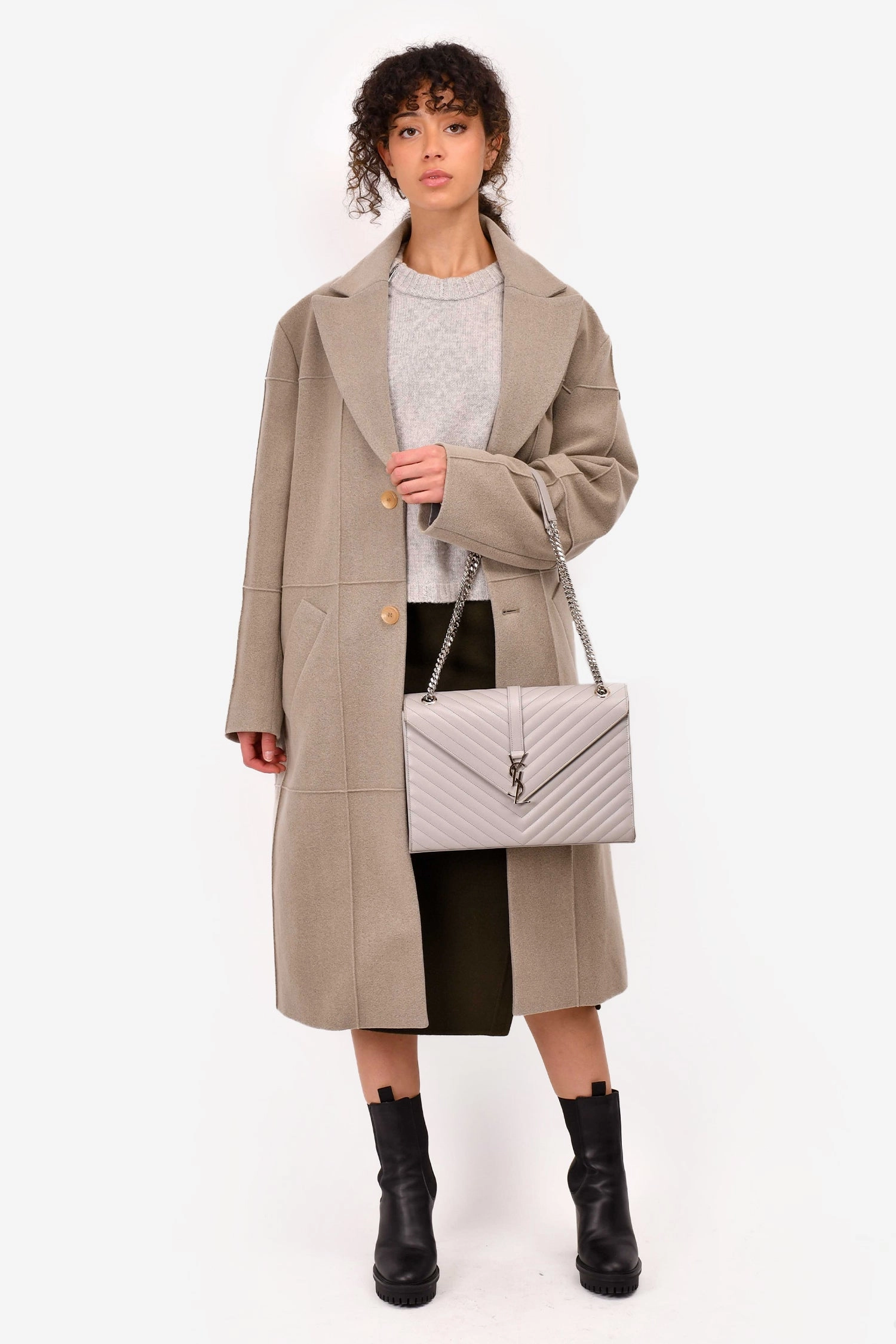 Saint Laurent Grey Chevron Leather Large Envelop Shoulder Bag