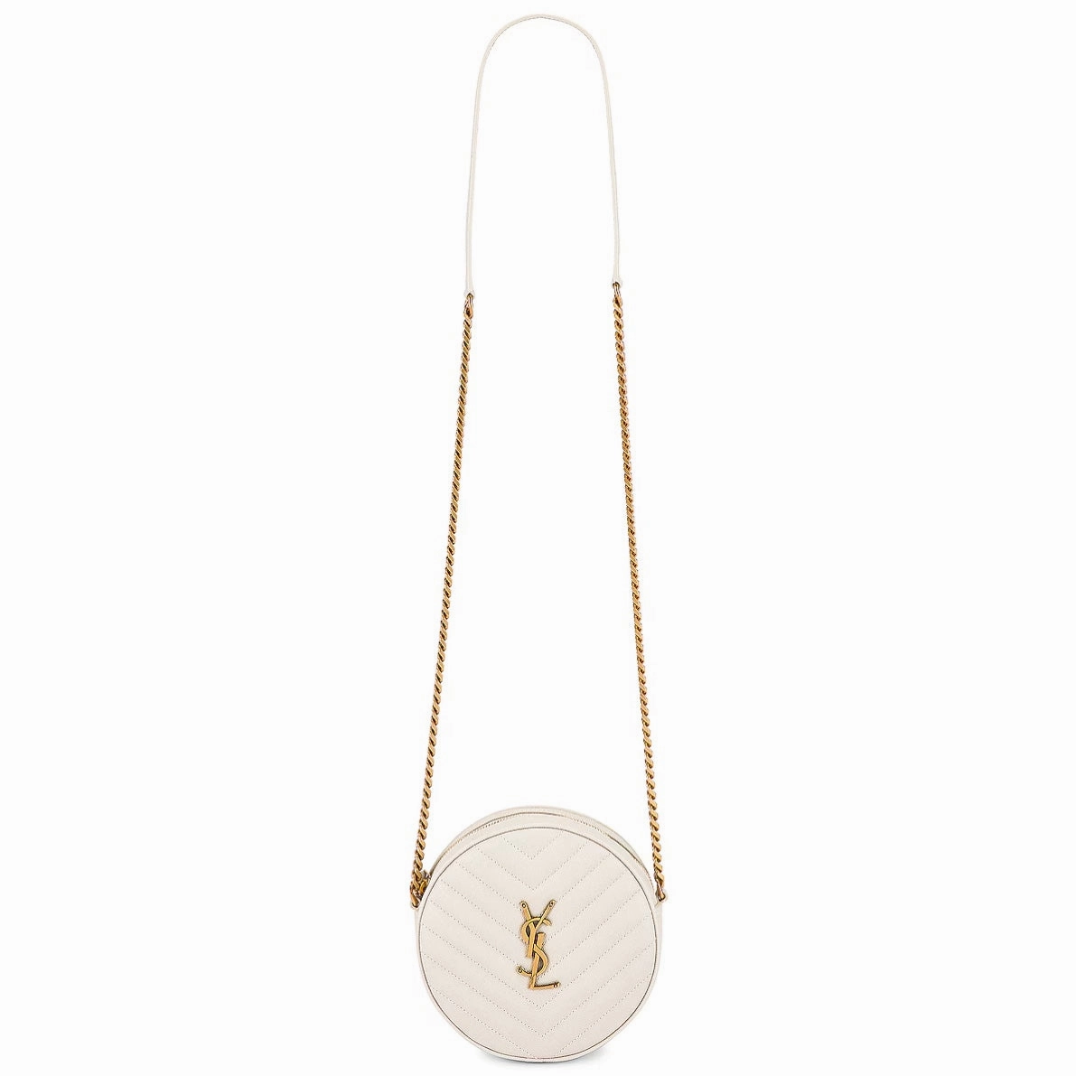 Saint Laurent Vinyle YSL Round Crossbody Bag in Quilted Grained Leather