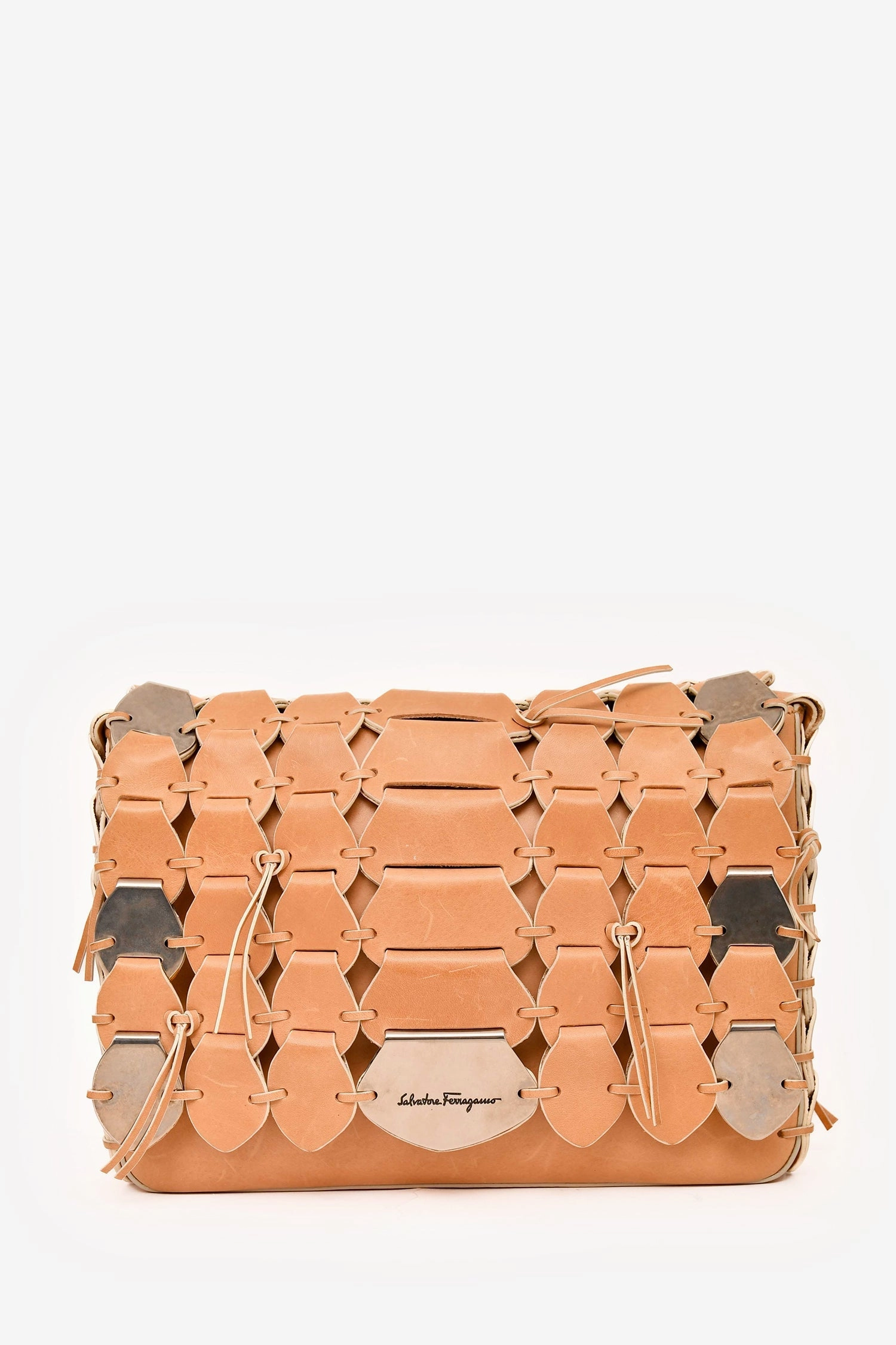 Salvatore Ferragamo Beige Woven Leather Flap Messenger Bag
