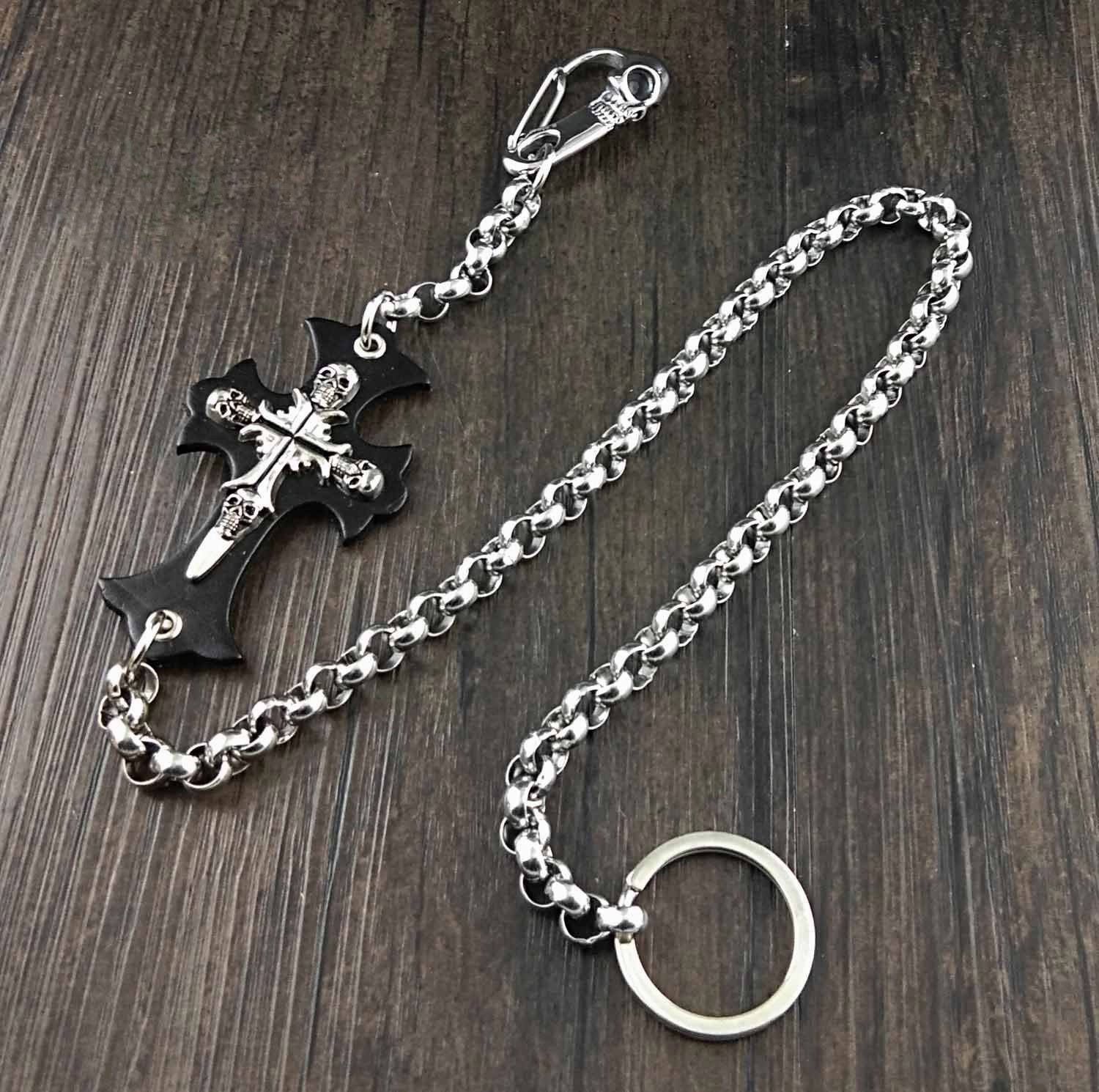 Solid Stainless Steel Long Cross Skull Wallet Chain Cool Punk Rock Biker Trucker Wallet Chain Trucker Wallet Chain for Men