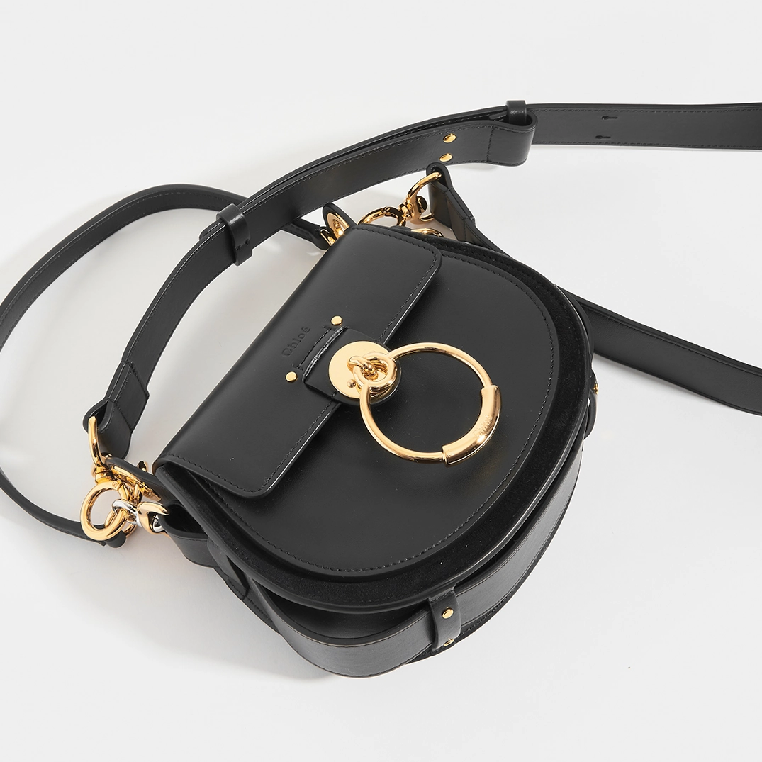 Tess Small Crossbody Bag in Black Leather and Suede