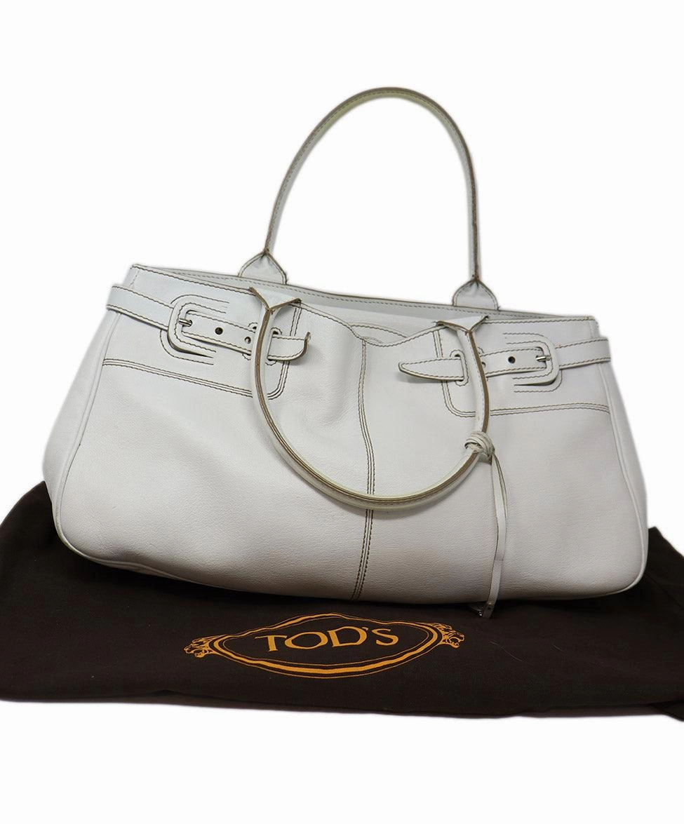 Tod's White Leather Brown Stitching Shoulder Bag