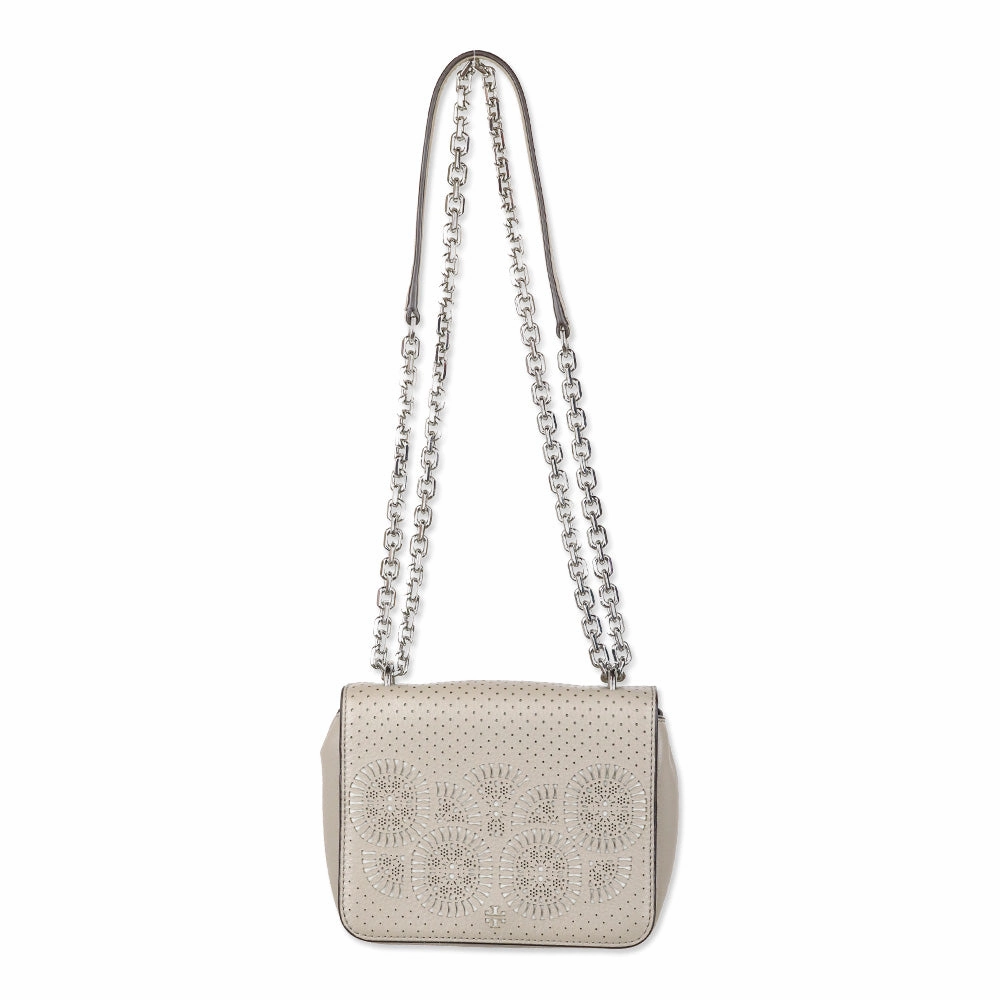 Tory Burch Zoey Mini Laser Cut French Gray Leather Crossbody Bag