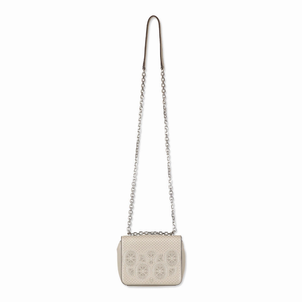 Tory Burch Zoey Mini Laser Cut French Gray Leather Crossbody Bag