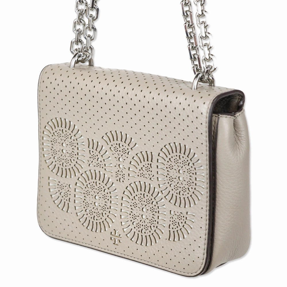 Tory Burch Zoey Mini Laser Cut French Gray Leather Crossbody Bag