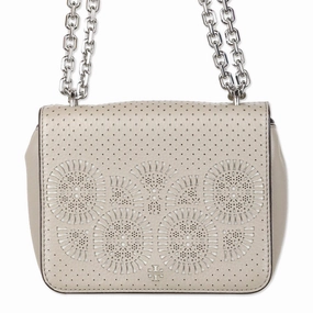 Tory Burch Zoey Mini Laser Cut French Gray Leather Crossbody Bag