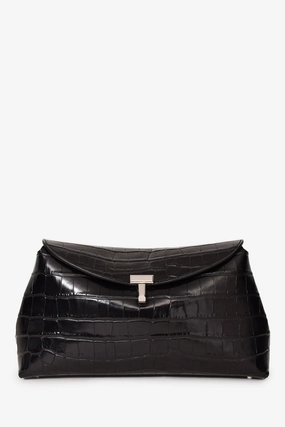 Toteme Black Croc Embossed T Lock Clutch with Strap
