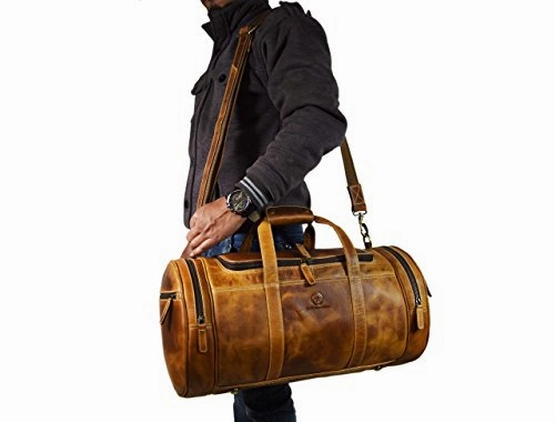 Travel Duffel Overnight Barrel Weekend Leather Bag by Aaron Leather (Brown)