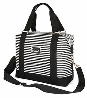 Travel Weekender Overnight Carry-On Under The Seat Shoulder Tote Bag (Small, White & Black Stripes)
