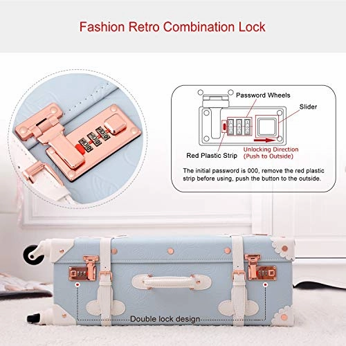 UNIWALKER Retro Luggage Set 20 inch Women Cute Suitcase with 12 inch Carry on Handbag (Embossed Blue)