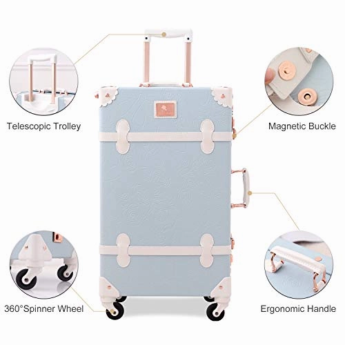 UNIWALKER Retro Luggage Set 20 inch Women Cute Suitcase with 12 inch Carry on Handbag (Embossed Blue)