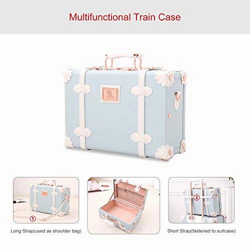UNIWALKER Retro Luggage Set 20 inch Women Cute Suitcase with 12 inch Carry on Handbag (Embossed Blue)