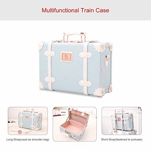 UNIWALKER Retro Luggage Set 20 inch Women Cute Suitcase with 12 inch Carry on Handbag (Embossed Blue)