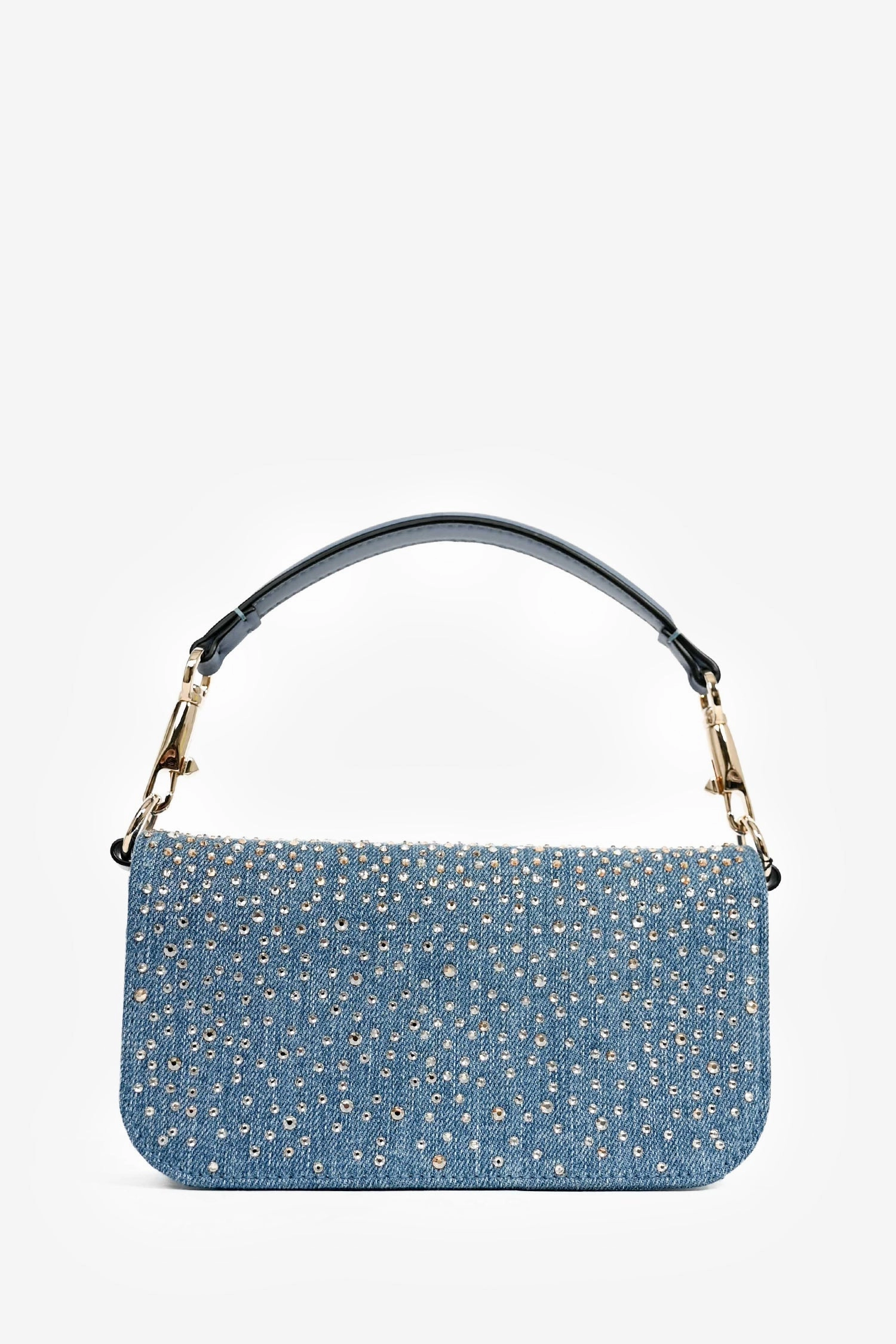 Valentino Blue Denim Crystal Studded V Logo Small 'Loco' Shoulder Bag