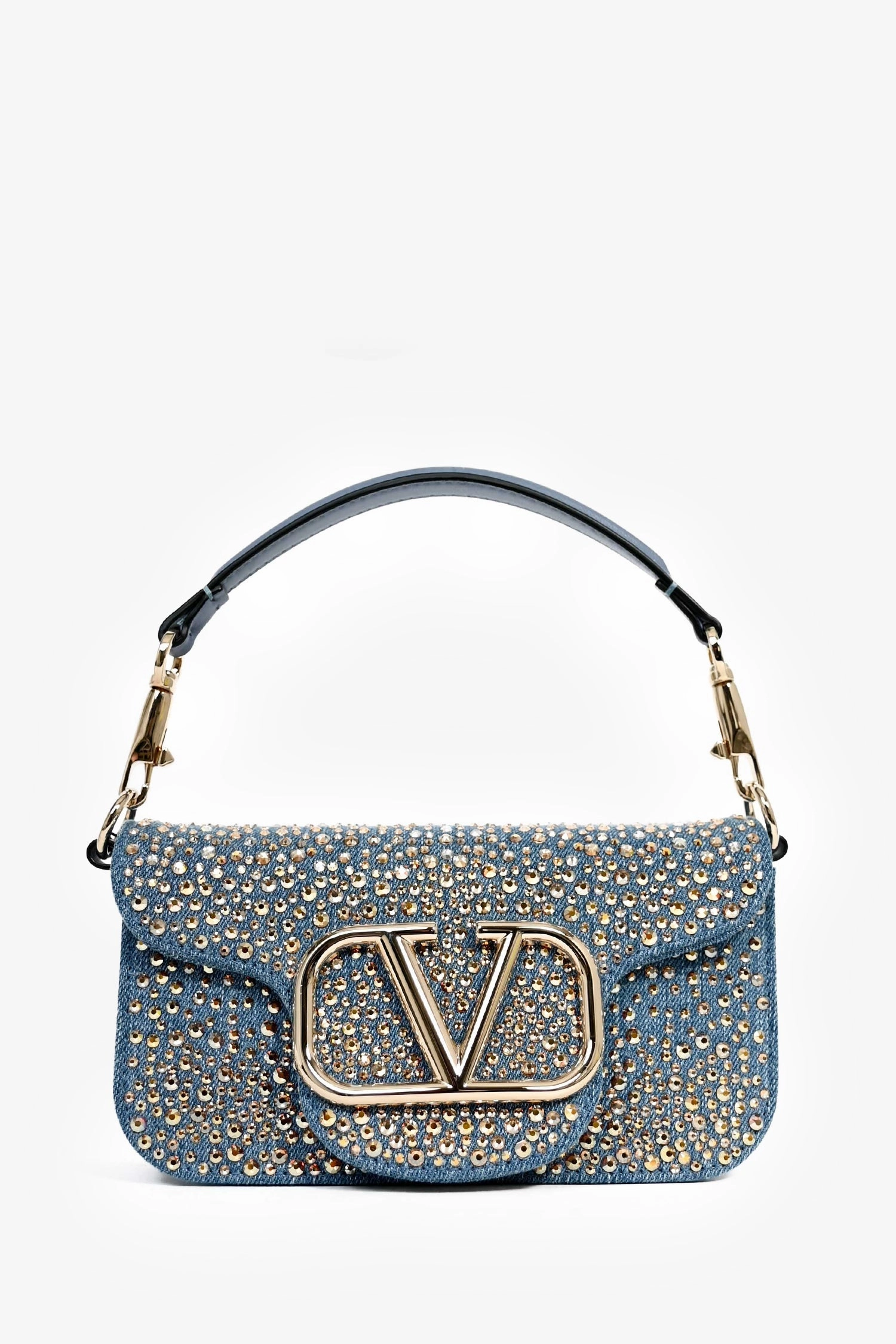 Valentino Blue Denim Crystal Studded V Logo Small 'Loco' Shoulder Bag