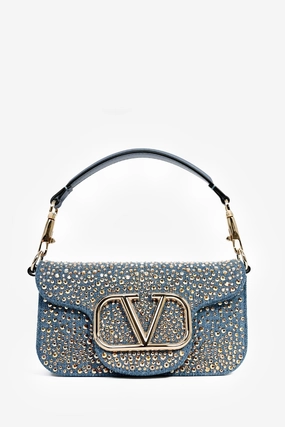 Valentino Blue Denim Crystal Studded V Logo Small 'Loco' Shoulder Bag