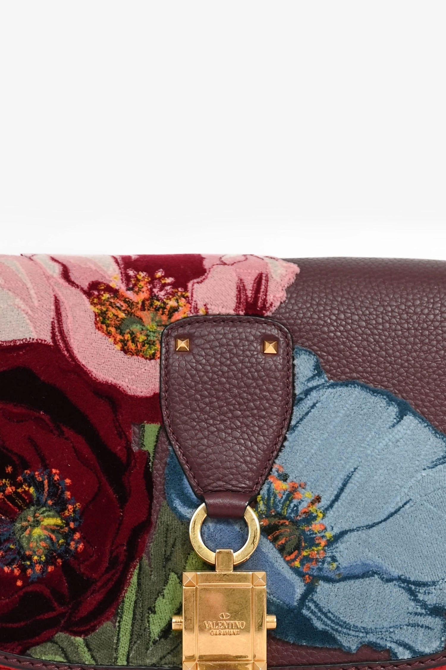 Valentino Burgundy Floral Embroidered Lock Crossbody