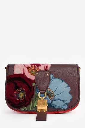 Valentino Burgundy Floral Embroidered Lock Crossbody