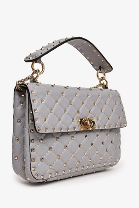 Valentino Grey Leather Quilted Rockstud Spike Medium Crossbody Bag
