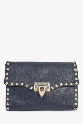 Valentino Navy Grained Leather Rockstud Flap Crossbody