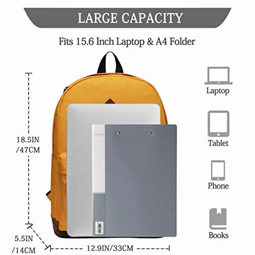 Vaschy Unisex Classic Water Resistant School Backpack Bookbag for College Fits 14Inch Laptop Yellow