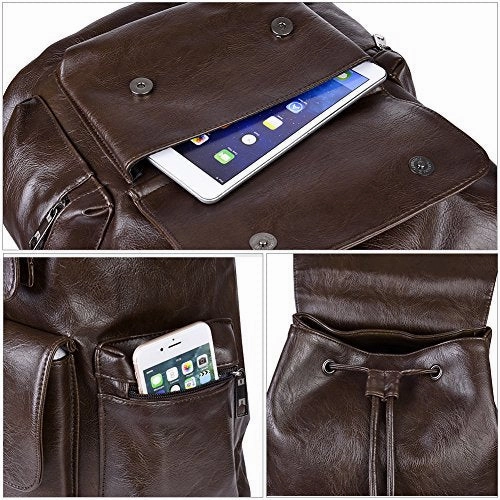 Vbiger Unisex Pu Leather Laptop Backpack Large-Capacity Casual Daypack Multi-Purpose Drawstring
