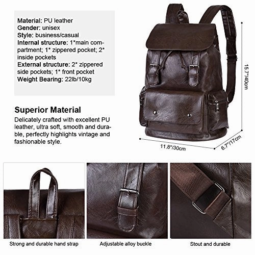 Vbiger Unisex Pu Leather Laptop Backpack Large-Capacity Casual Daypack Multi-Purpose Drawstring