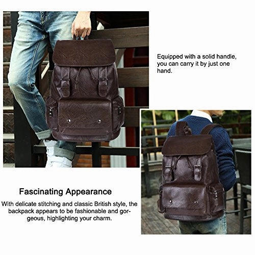 Vbiger Unisex Pu Leather Laptop Backpack Large-Capacity Casual Daypack Multi-Purpose Drawstring