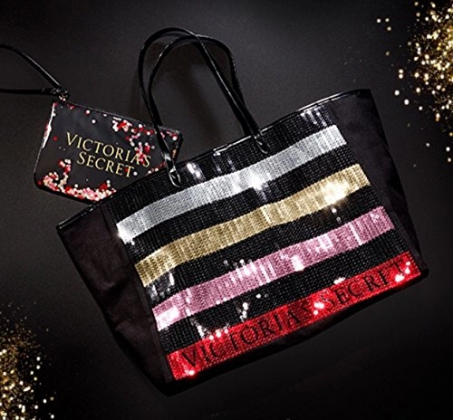 Victoria'S Secret Bling Stripe Sequin Carryall Tote W Mini Bag Set Black/Red