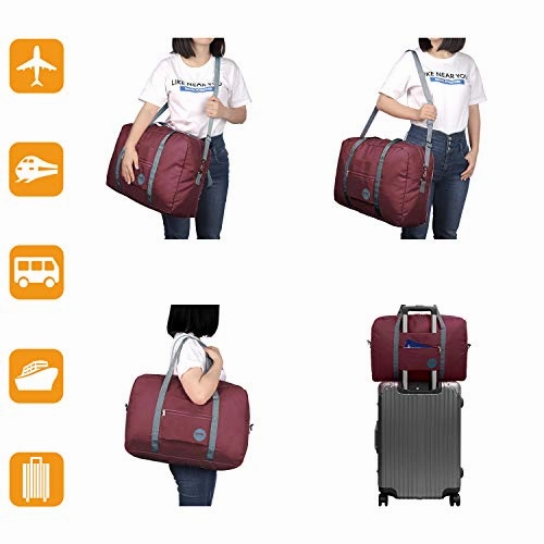 Wandf Foldable Travel Duffel Bag Luggage Sports Gym Water Resistant Nylon (Wine Red 2019)